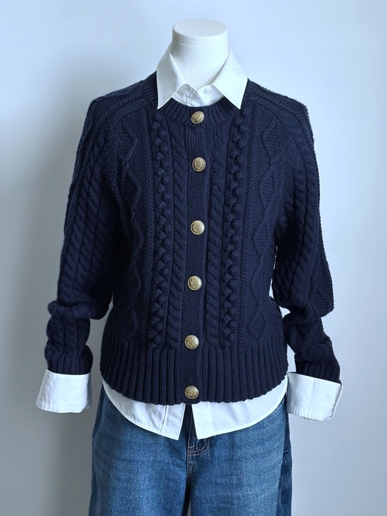 J. Crew Sweaters - J.Crew Women’s Cable Knit Cardigan/Gold Crest Buttons – Navy/Size M/Excellent